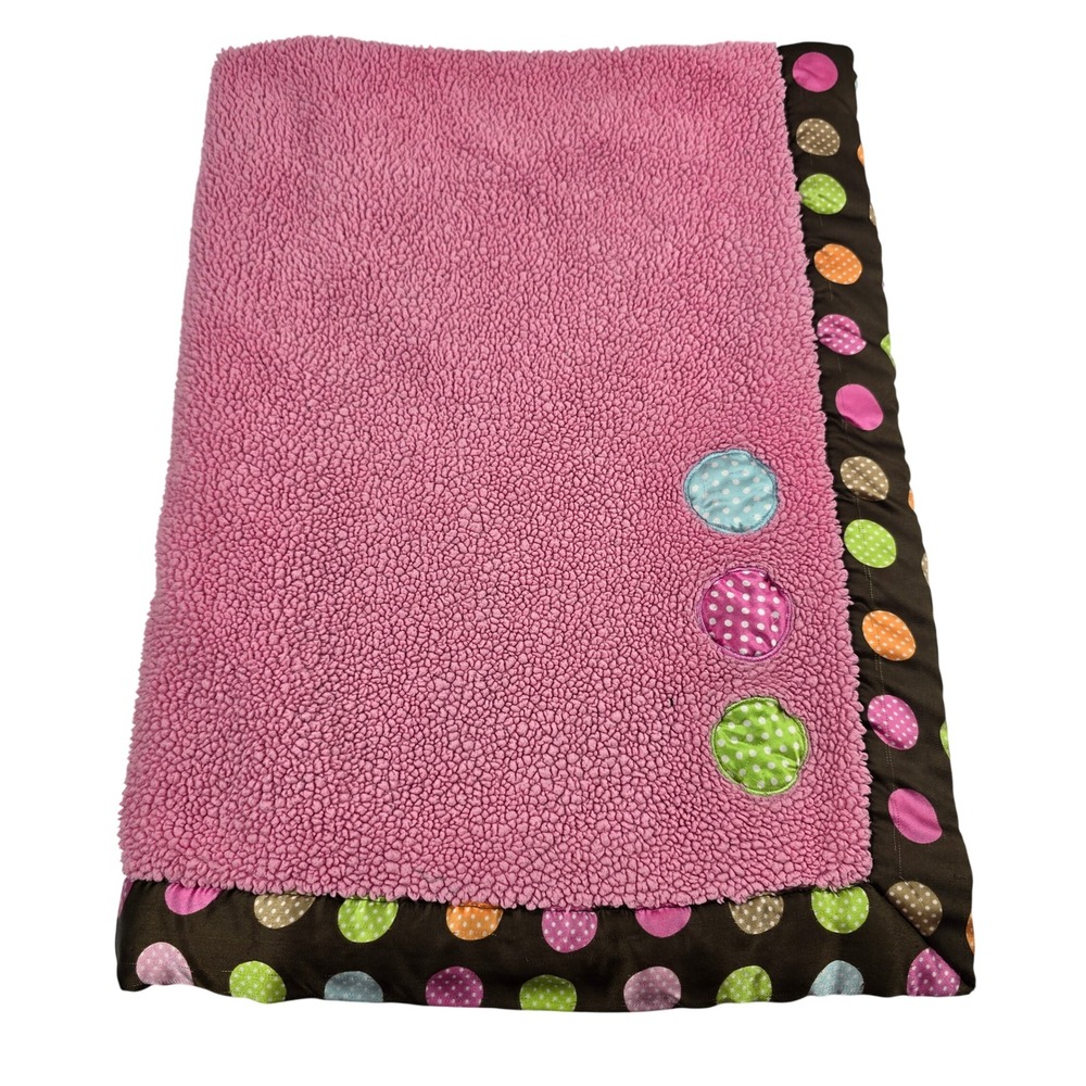 Baby Boom Pink Sherpa Children's Blanket Lovey Brown Satin Trim Polka Dots